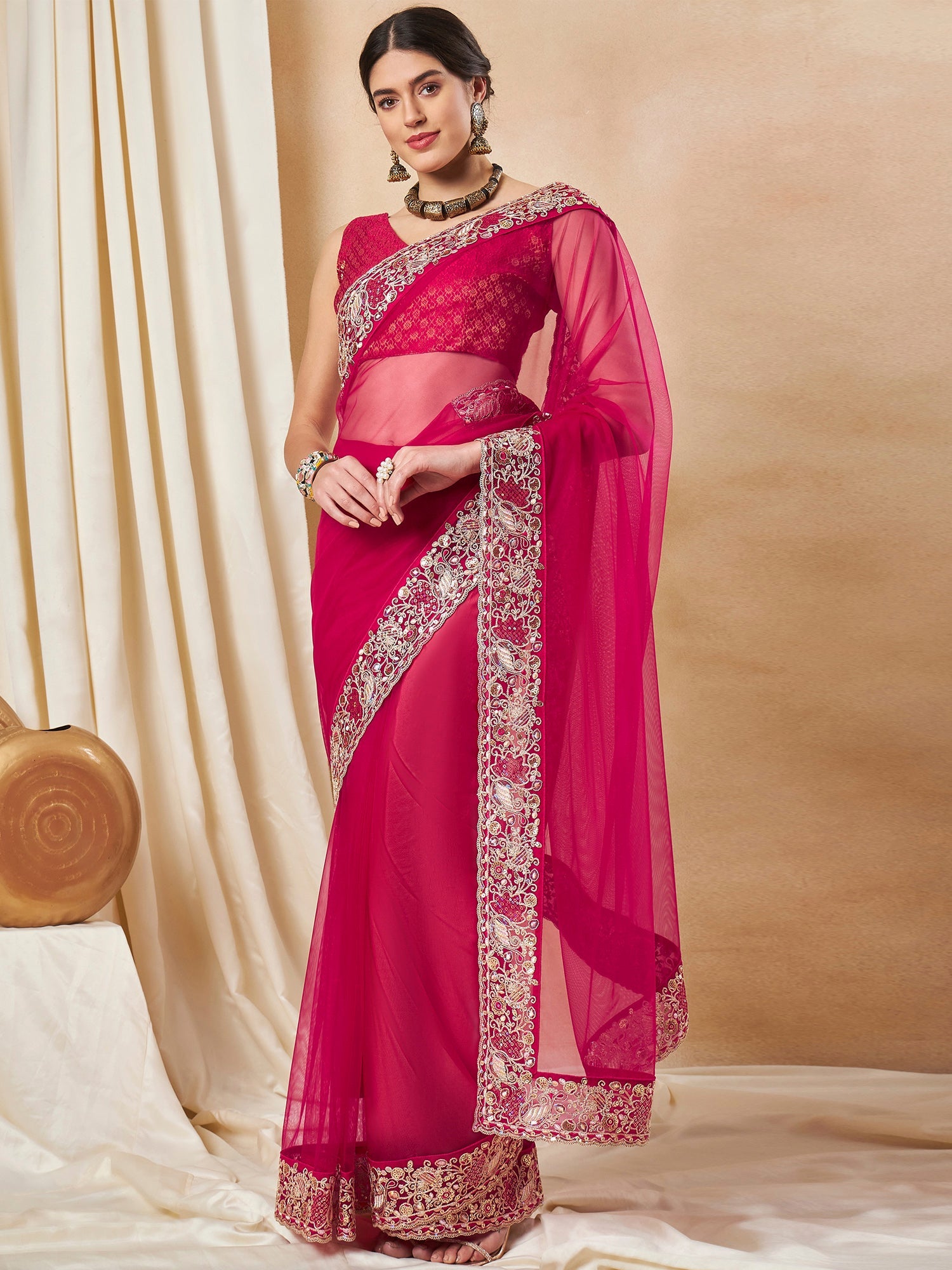 NOZ2TOZ Women's Net Pink Embellished Designer Saree With Blouse Piece - Distacart