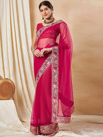 Thumbnail for NOZ2TOZ Women's Net Pink Embellished Designer Saree With Blouse Piece - Distacart