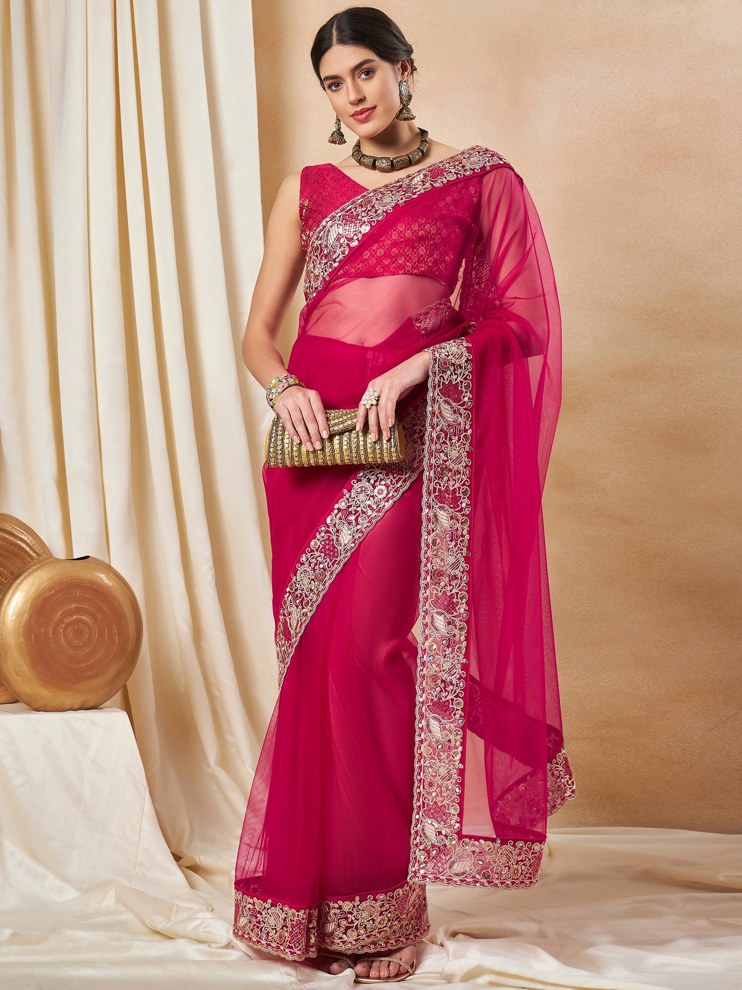 NOZ2TOZ Women's Net Pink Embellished Designer Saree With Blouse Piece - Distacart