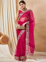 Thumbnail for NOZ2TOZ Women's Net Pink Embellished Designer Saree With Blouse Piece - Distacart
