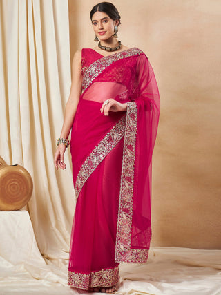 NOZ2TOZ Women's Net Pink Embellished Designer Saree With Blouse Piece - Distacart