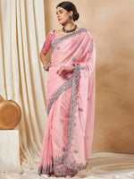 Thumbnail for NOZ2TOZ Women's Georgette Pink Embellished Designer Saree With Blouse Piece - Distacart