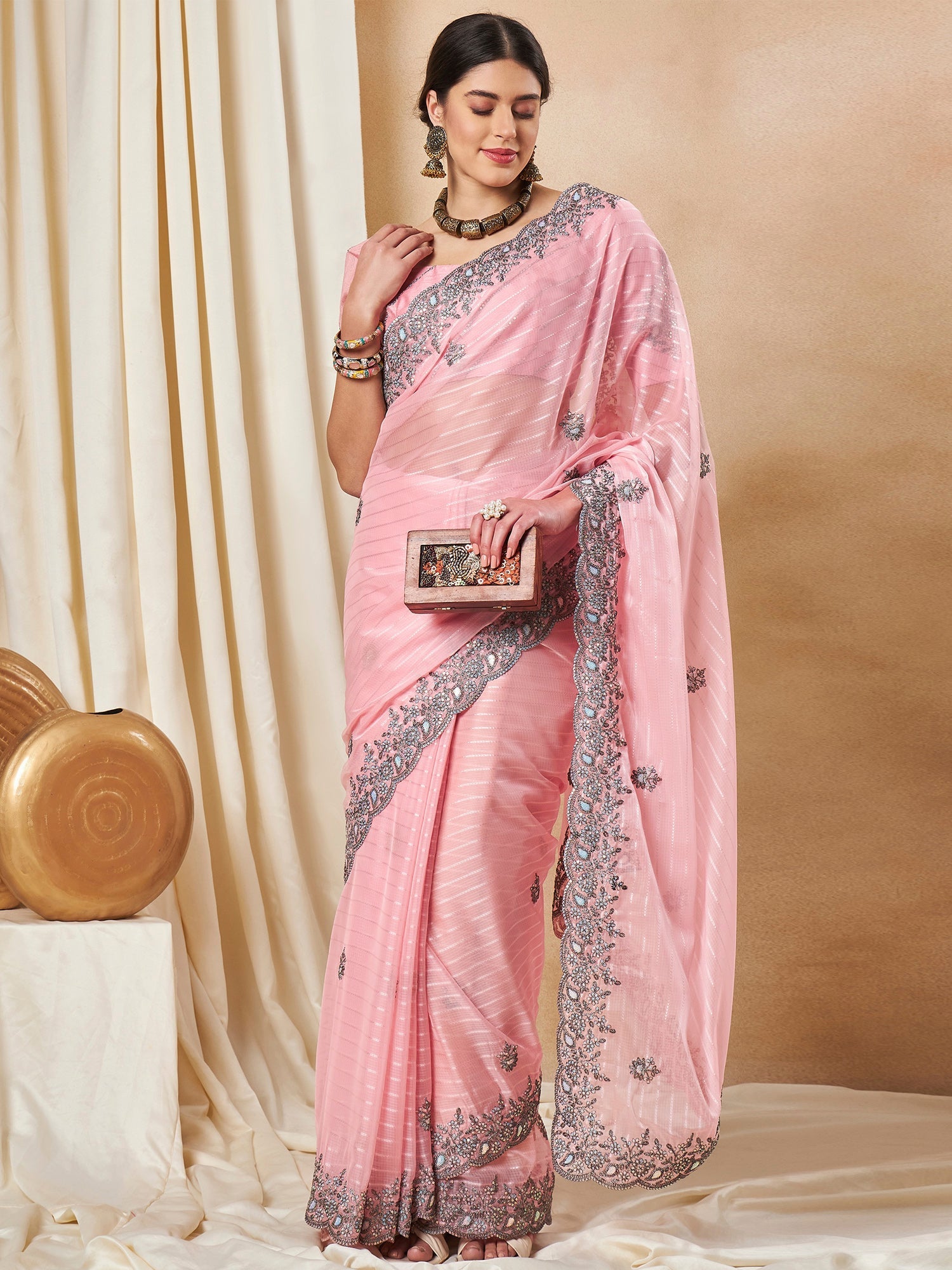 NOZ2TOZ Women's Georgette Pink Embellished Designer Saree With Blouse Piece - Distacart