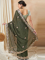 Thumbnail for NOZ2TOZ Women's Silk Blend Olive Embellished Designer Saree With Blouse Piece - Distacart