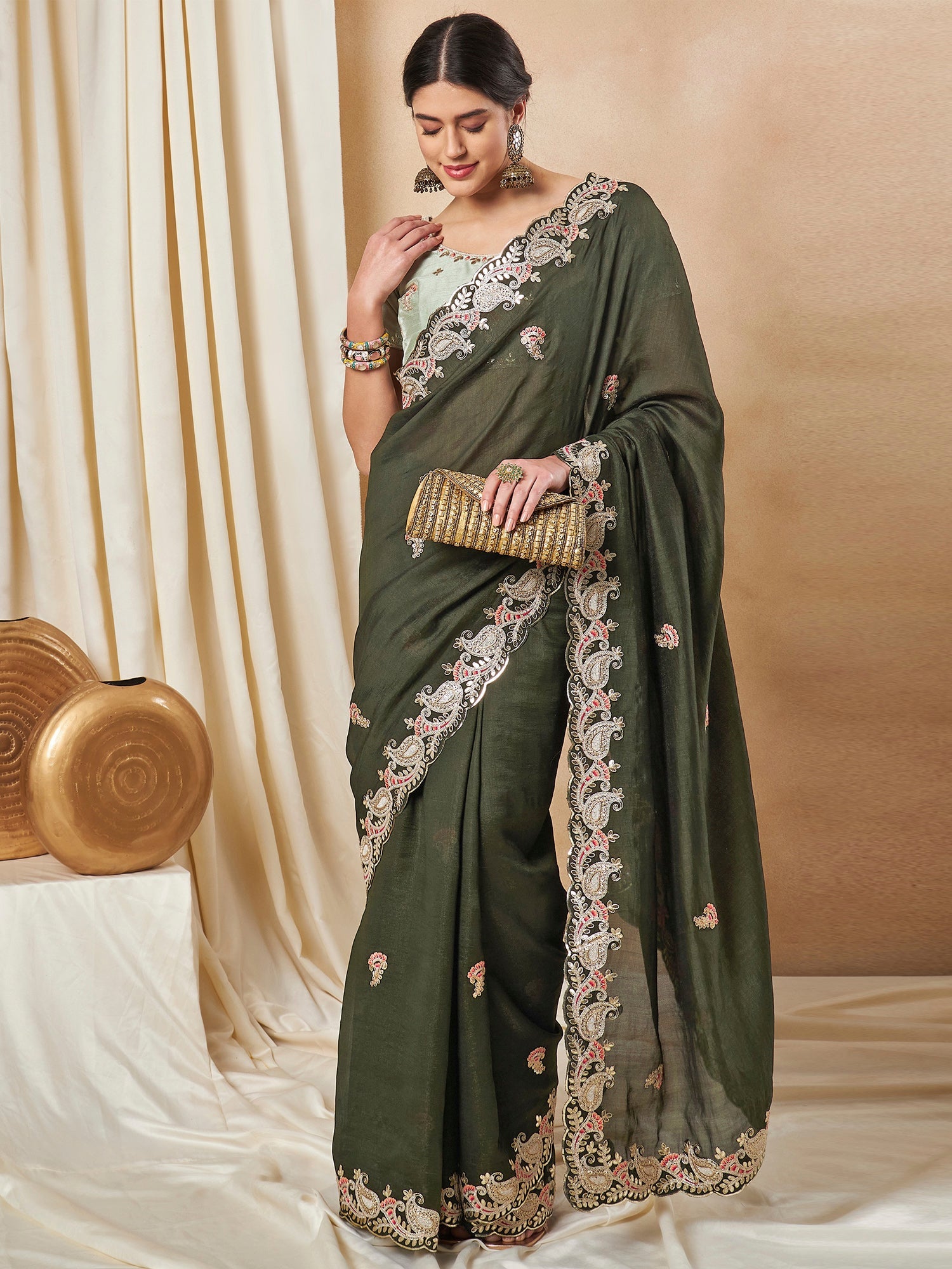 NOZ2TOZ Women's Silk Blend Olive Embellished Designer Saree With Blouse Piece - Distacart