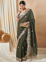 Thumbnail for NOZ2TOZ Women's Silk Blend Olive Embellished Designer Saree With Blouse Piece - Distacart