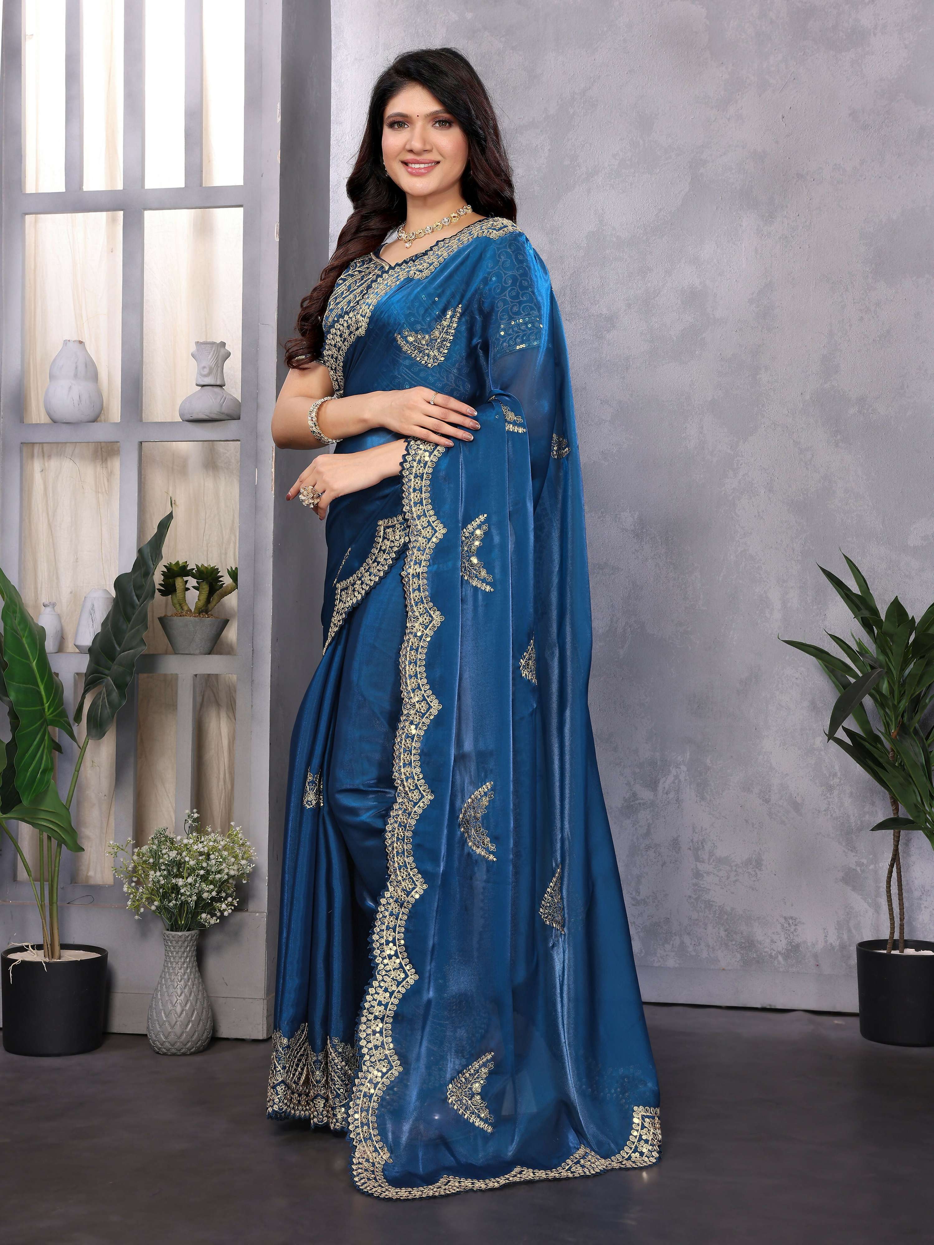 Vastranavya Blue Embroidery Work Shimmer Chiffon Saree with Unstitched Blouse