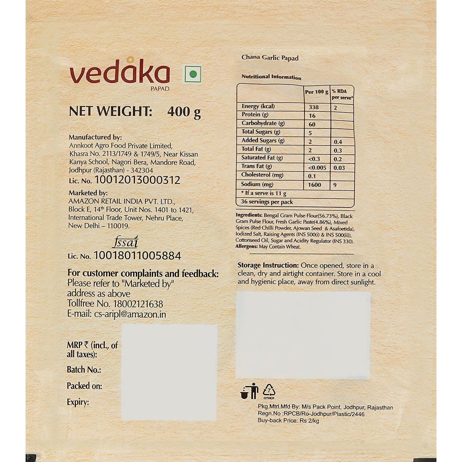 Vedaka Chana Garlic Papad - Distacart