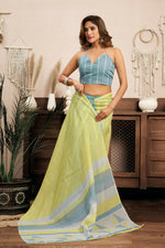 Thumbnail for Joban Fashion Bright Yellow Striped & Geomatric Linen Ready To Wear Saree With Unstitched Blouse - Distacart
