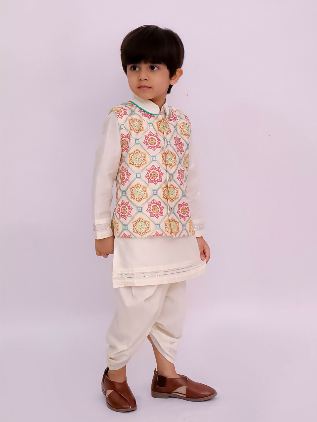 Lil Drama Mishti White Kurta Dhoti and Jacket For Boys