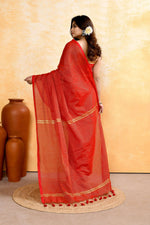 Thumbnail for Piyari Fashion Women's Red Embellished Cotton Blend Zari Check Handloom Saree - Distacart