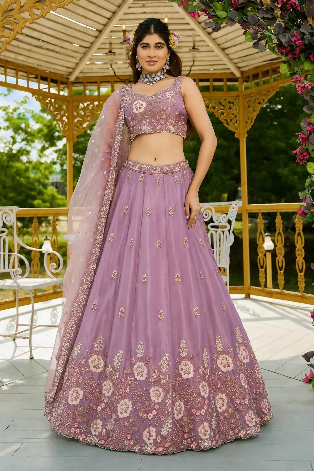 Jihu Culture Women’s Semi-Stitched Lavender Zari Sequence Thread Embroidery Work Lehenga Choli With Net Dupatta - Dista