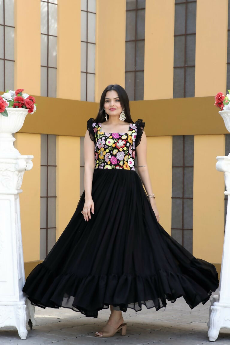 Jyoti Fashion Women's Black Sequins Thread Embroidery Faux Blooming Anarkali Dress - Distacart
