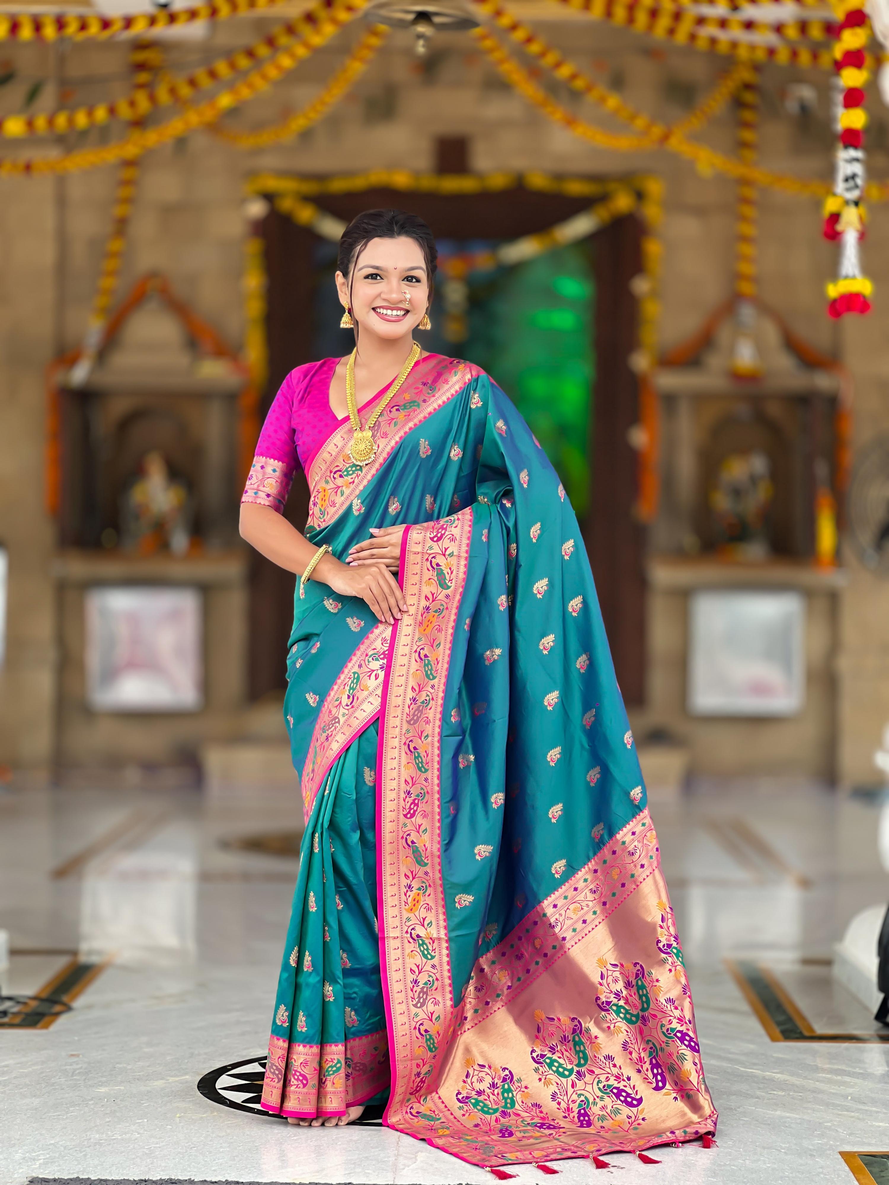Mameraa Sarees Teal Blue Faux Banarasi Silk Saree With Paithani Rich Weaved Pallu And Blouse-Teal - Dista