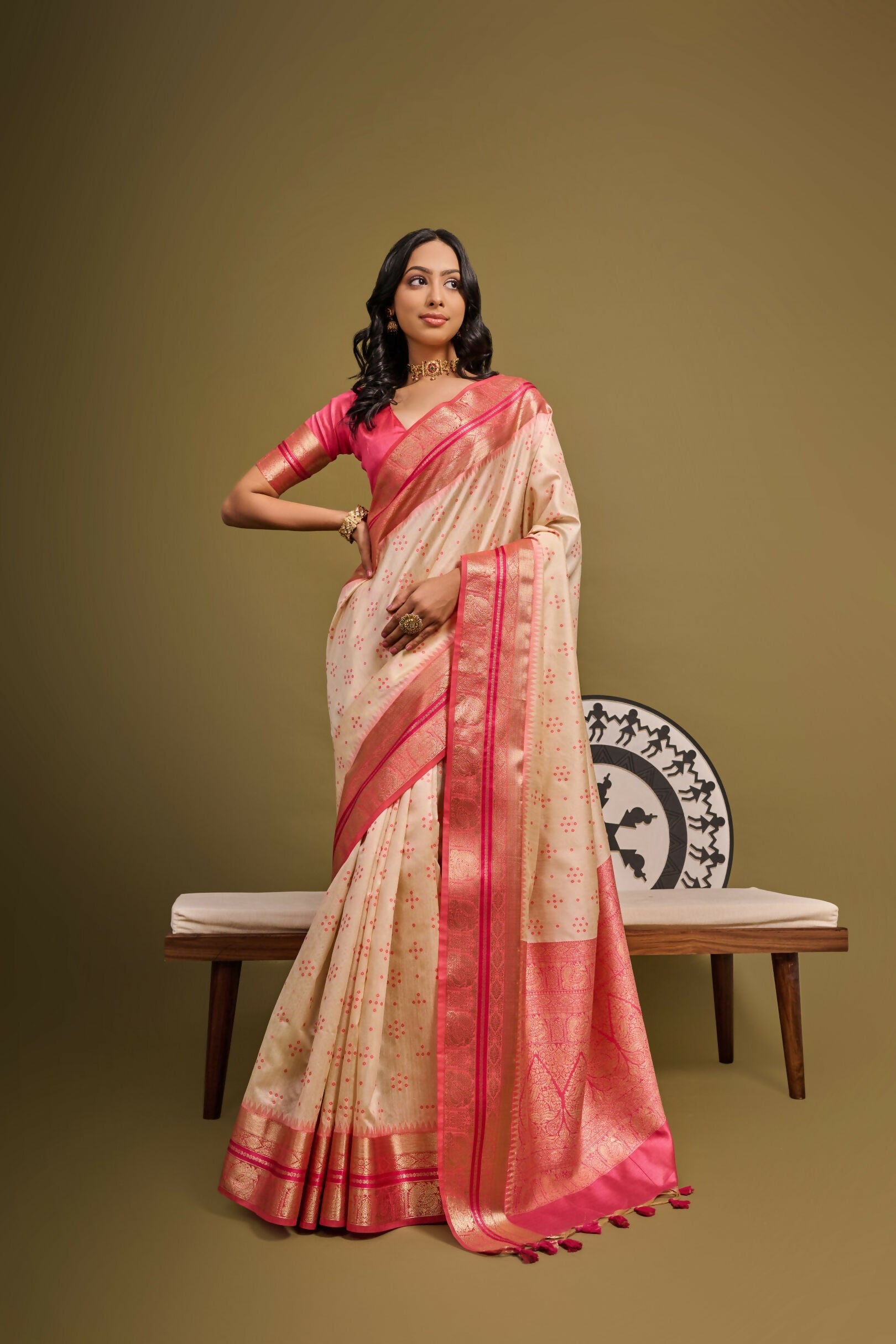 Vishnu Weaves Women's Cream Raw Silk Zari Woven Saree with Blouse - Distacart