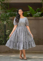 Thumbnail for Preksha Creation Georgette Floral Printed Women Grey Short Gown - Distacart