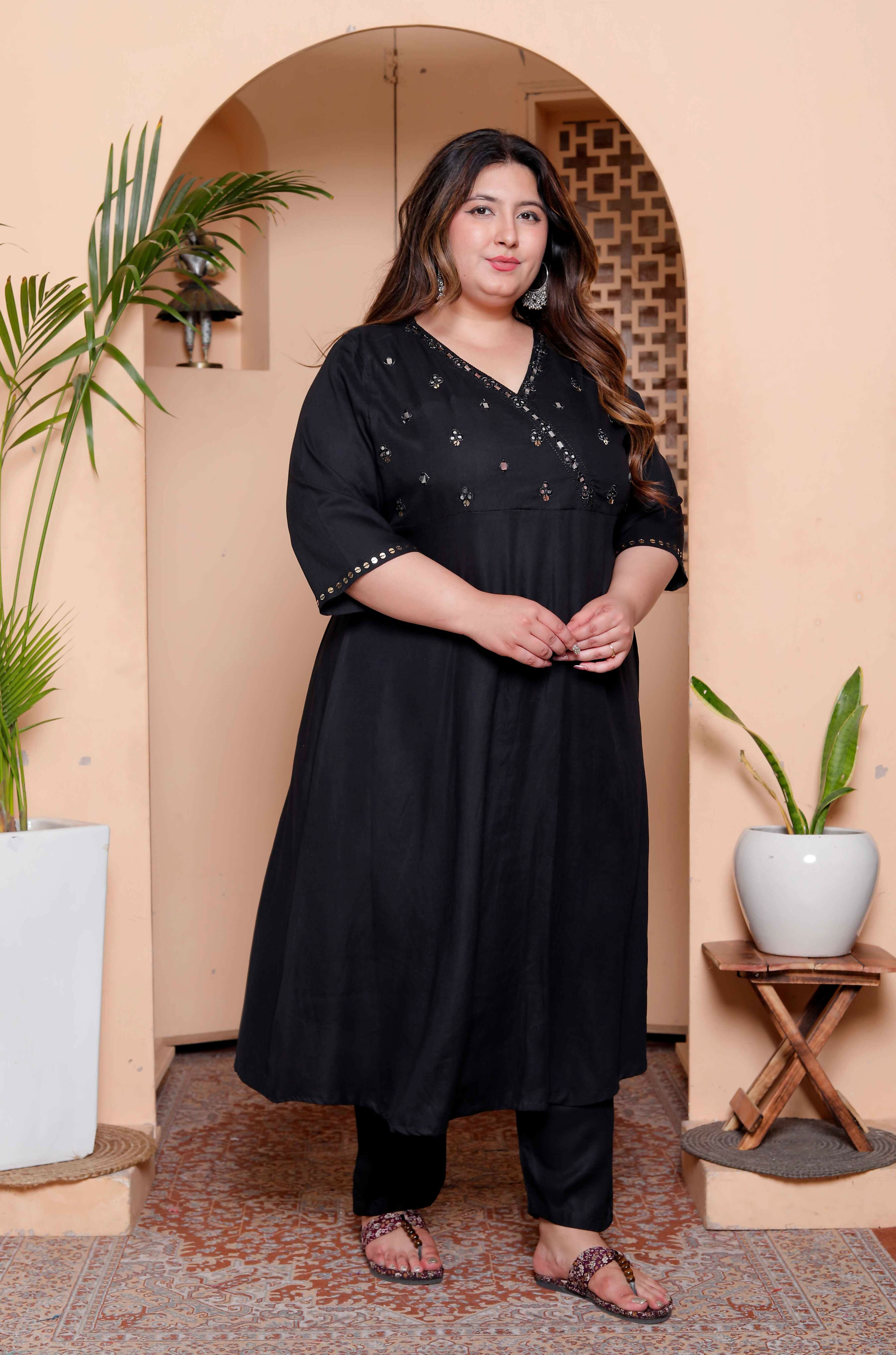 Miravan Womens Plus Size Black Mirror work Angrakha Kurta and Palazzo Set - Distacart