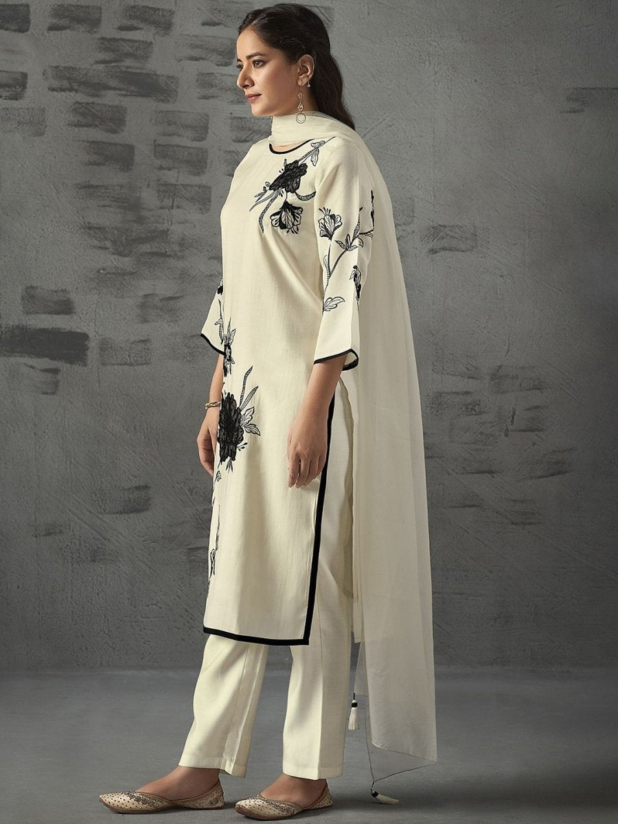 Anouk Floral Embroidered Regular Chanderi Silk Straight Kurta with Trousers & Dupatta