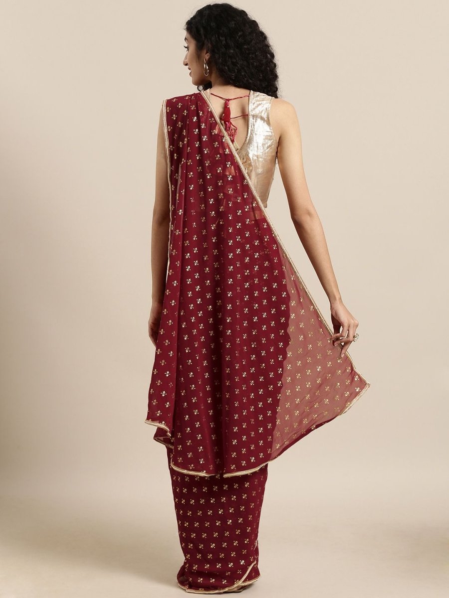 Ahalyaa Women's Maroon Georgette Gold Foil Print Ready to Wear Saree