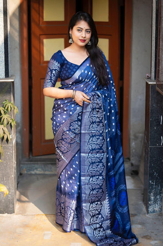 Lightblue Jute Silk Printed Saree with Unstitched Blouse - Hiral Fashion - Distacart