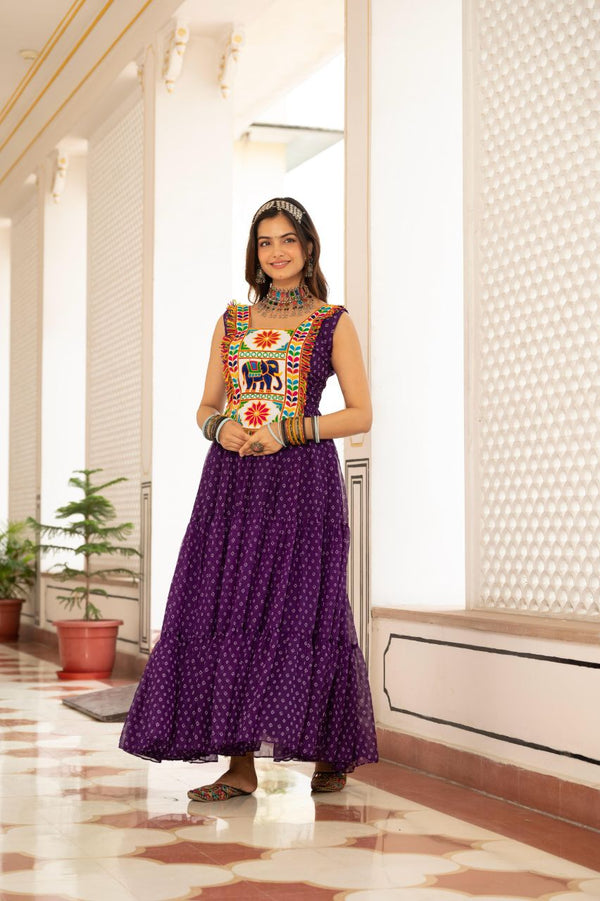 Prazu Fashion Purple Georgette Bandhani Print Work With Kutchi Patch work Navaratri Gown