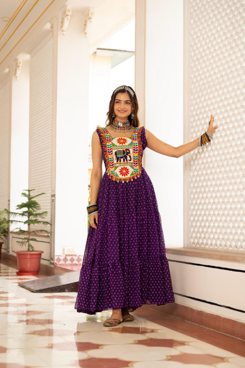 Prazu Fashion Purple Georgette Bandhani Print Work With Kutchi Patch work Navaratri Gown