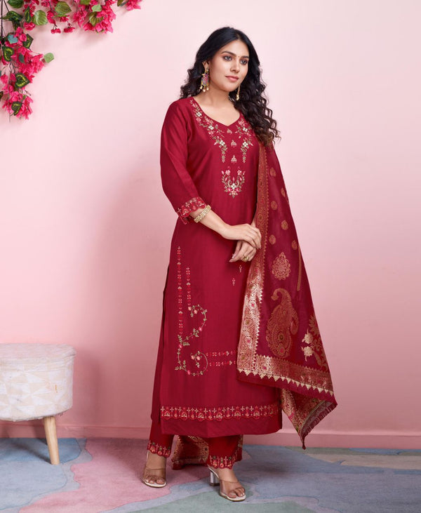 Prazu Fashion Red Viscose Silk Embroidered Salwar Suit