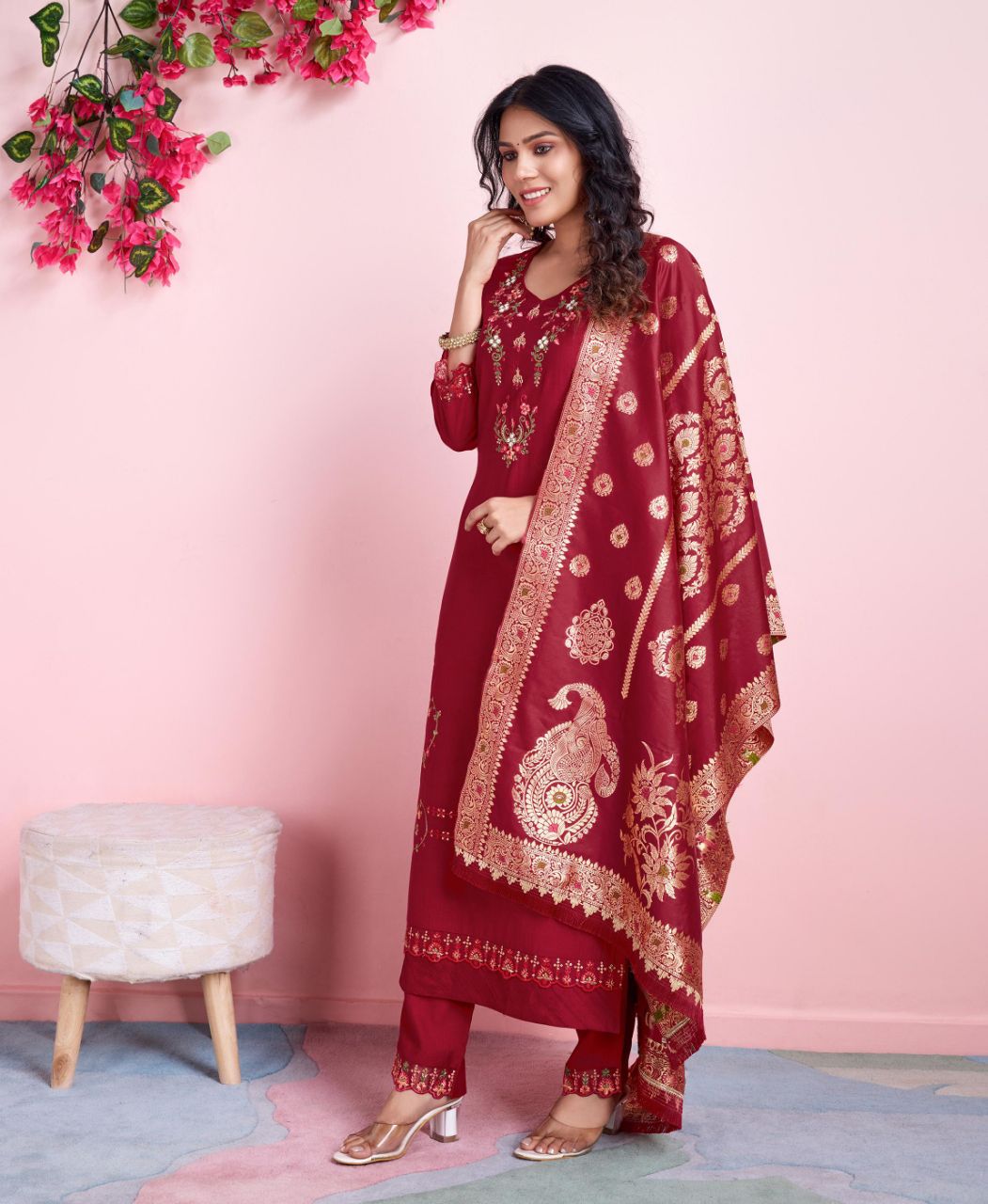 Prazu Fashion Red Viscose Silk Embroidered Salwar Suit