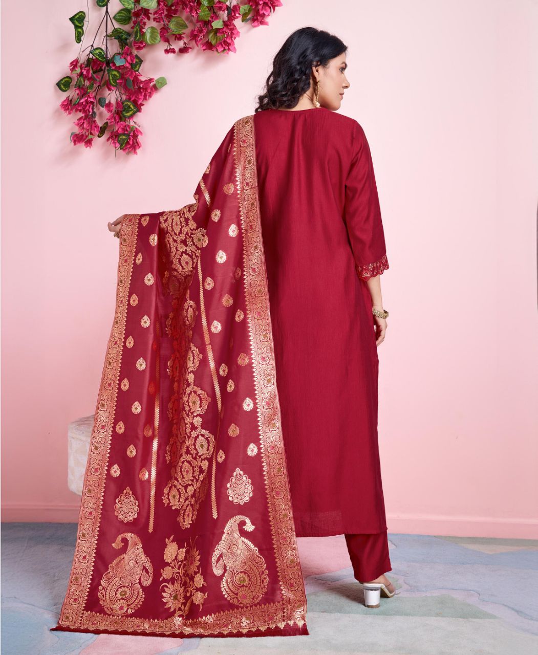 Prazu Fashion Red Viscose Silk Embroidered Salwar Suit