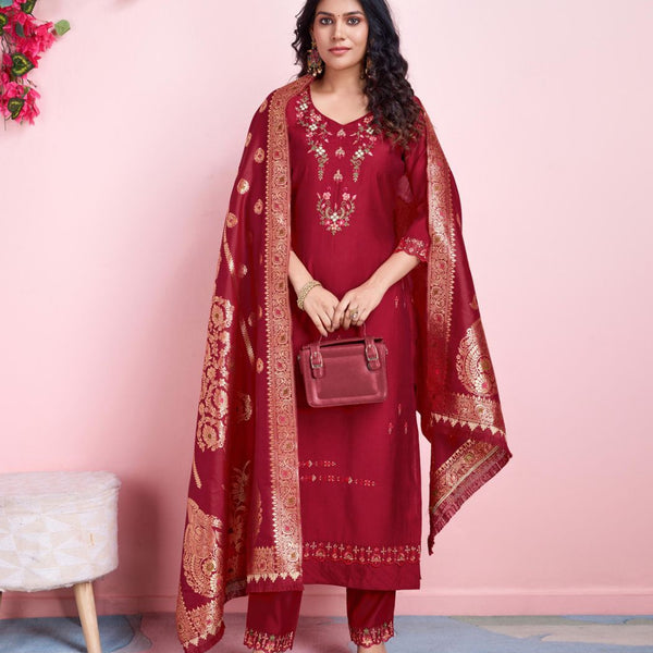 Prazu Fashion Red Viscose Silk Embroidered Salwar Suit