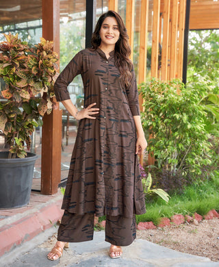 Prazu Fashion Brown Reyon Cotton Print Kurti With Pant