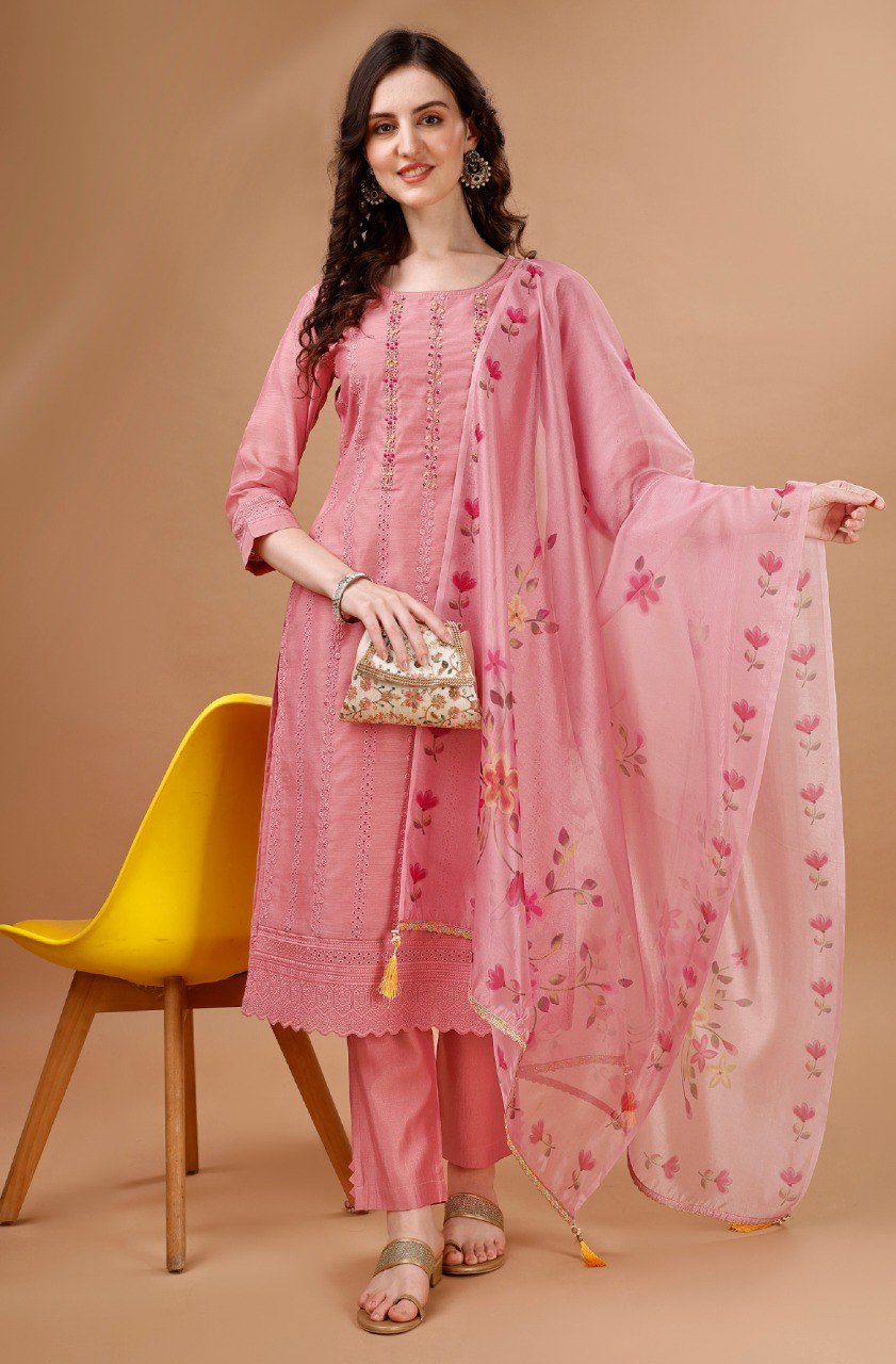 Prazu Fashion Preach Chanderi Silk Chikankari Bored Salwar Suit