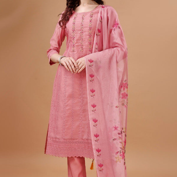 Prazu Fashion Preach Chanderi Silk Chikankari Bored Salwar Suit