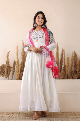 Prazu Fashion White Vichitra Silk Embroidered Gown With Dupatta
