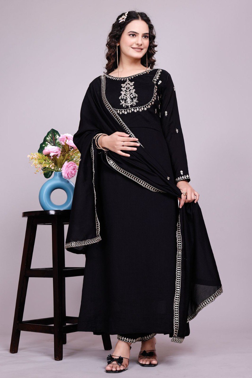 Prazu Fashion Black Vichitra Silk Embroidered Salwar Suit