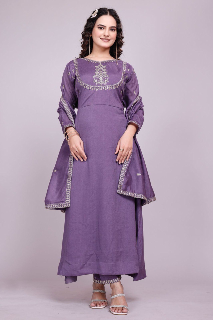 Prazu Fashion Lavender Vichitra Silk Embroidered Salwar Suit - Distacart