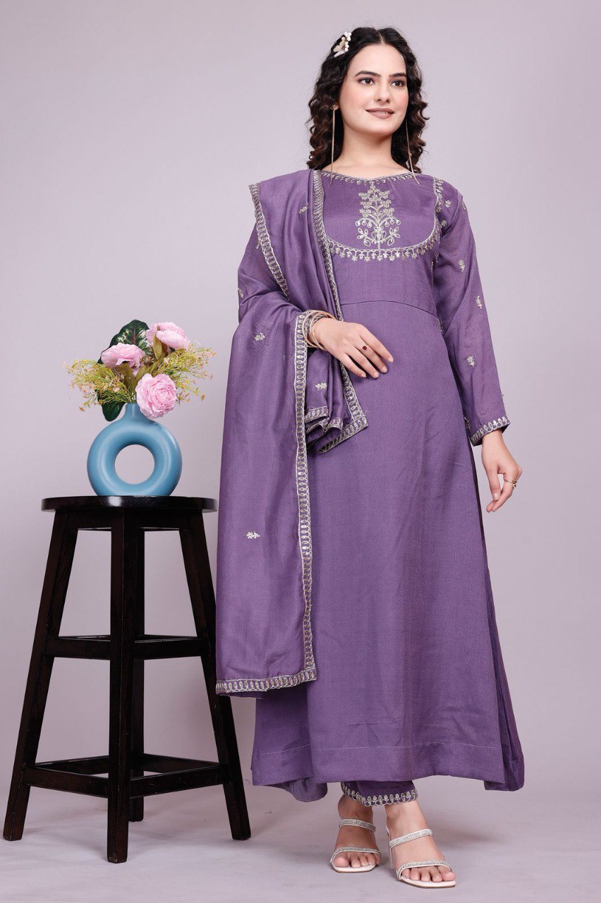Prazu Fashion Lavender Vichitra Silk Embroidered Salwar Suit - Distacart