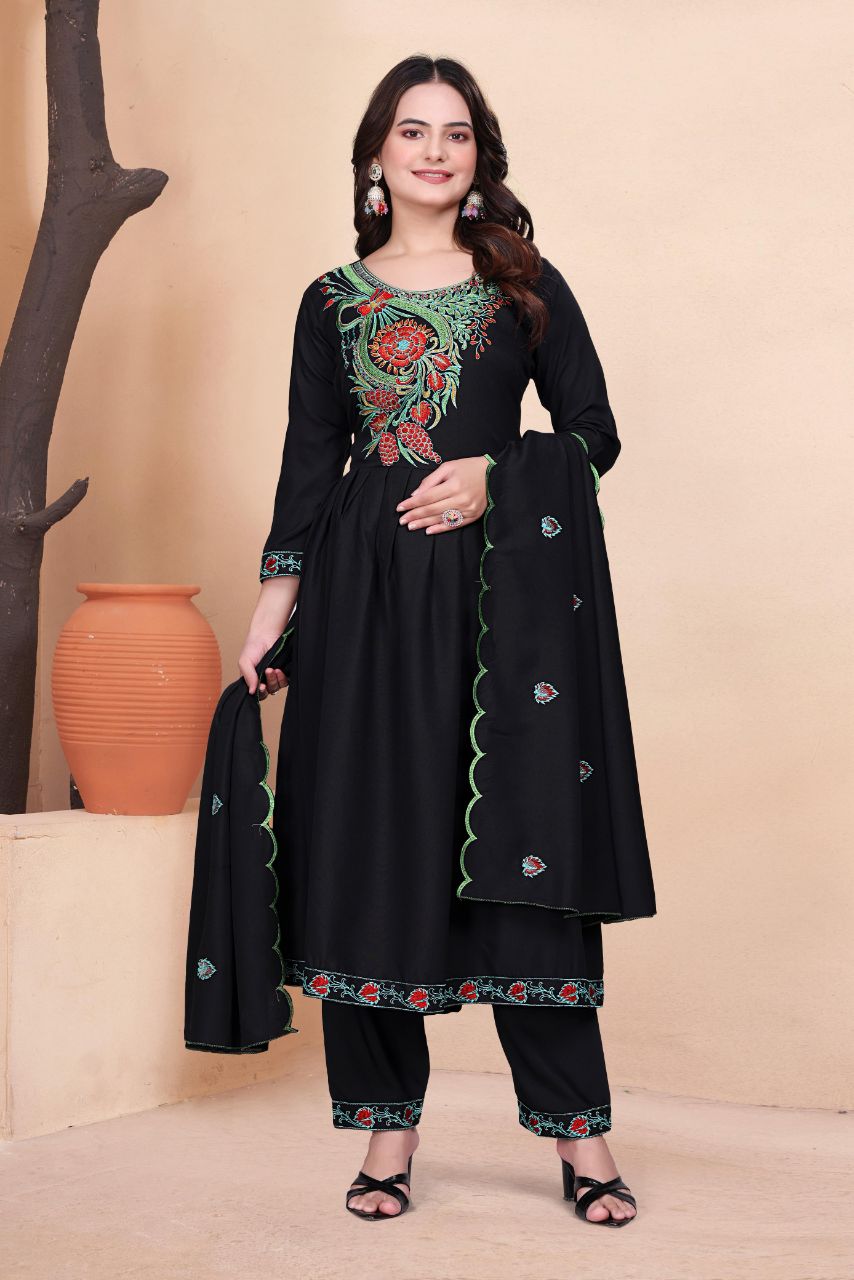 Prazu Fashion Black Vichitra Silk Embroidered Salwar Suit