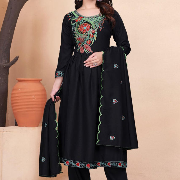 Prazu Fashion Black Vichitra Silk Embroidered Salwar Suit