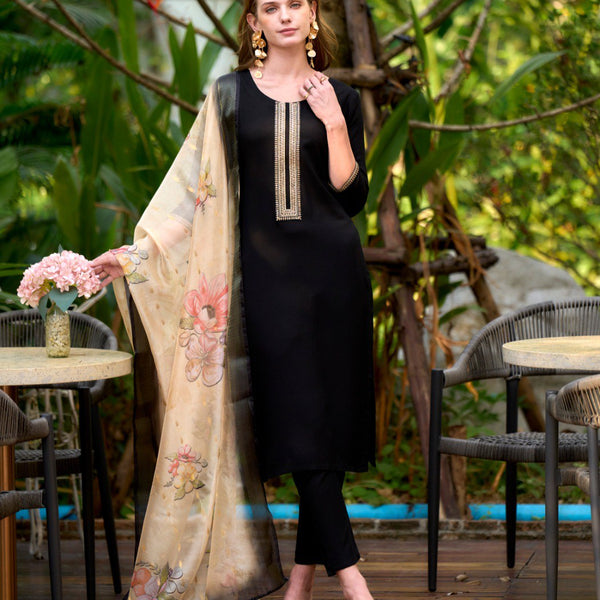 Prazu Fashion Black Viscose Rayon Embroidered Straight Kurta Set