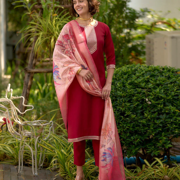 Prazu Fashion Maroon Viscose Rayon Embroidered Straight Kurta Set