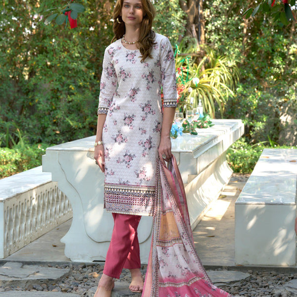 Prazu Fashion Off White Cotton Leaf Embroidered Kurta Set