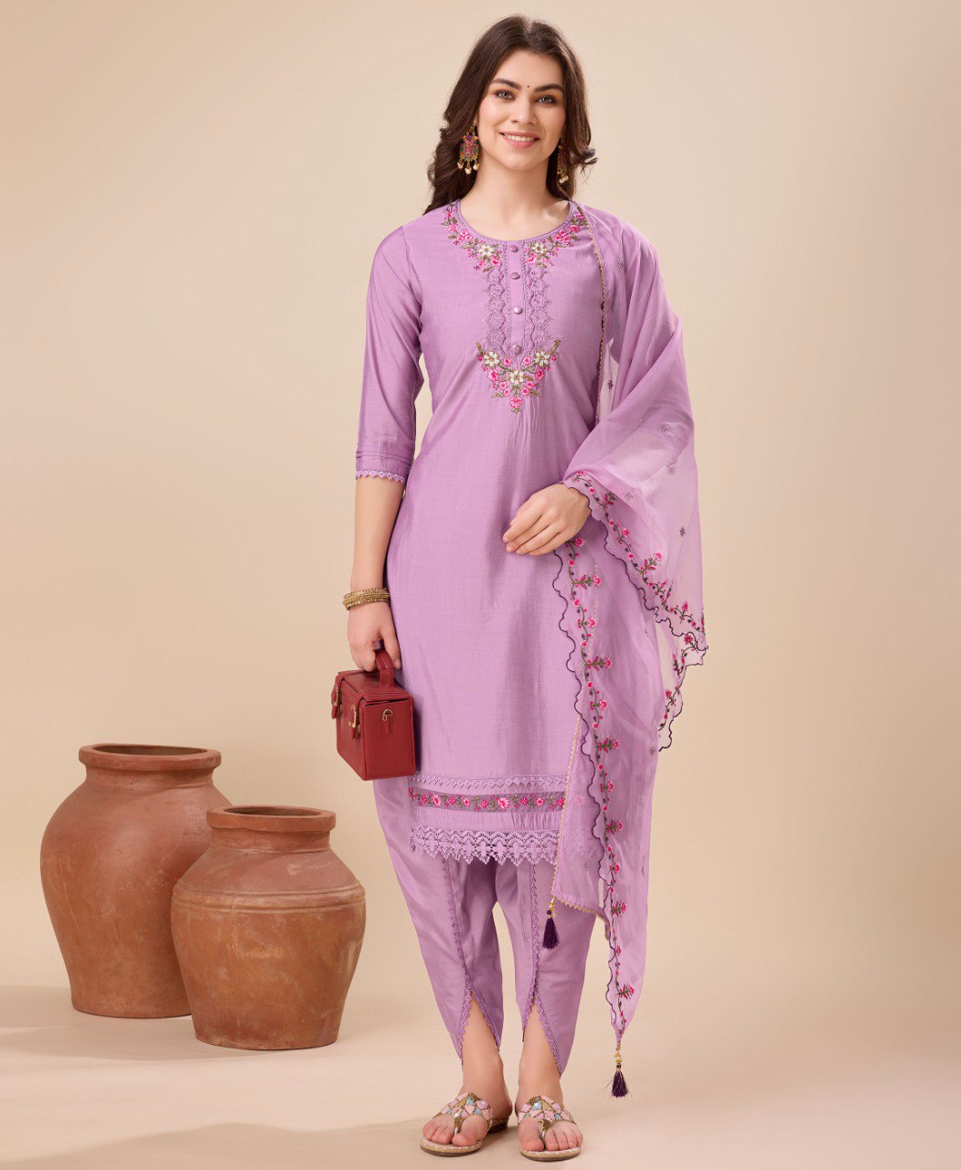 Prazu Fashion Lavender Viscose Silk Embroidered Kurta Set With Dhoti Pant