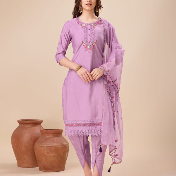 Prazu Fashion Lavender Viscose Silk Embroidered Kurta Set With Dhoti Pant