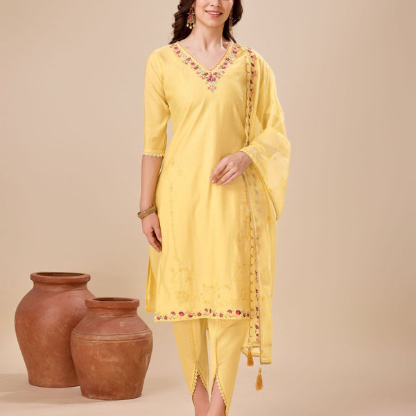 Prazu Fashion Yellow Viscose Silk Embroidered Kurta Set With Dhoti Pant