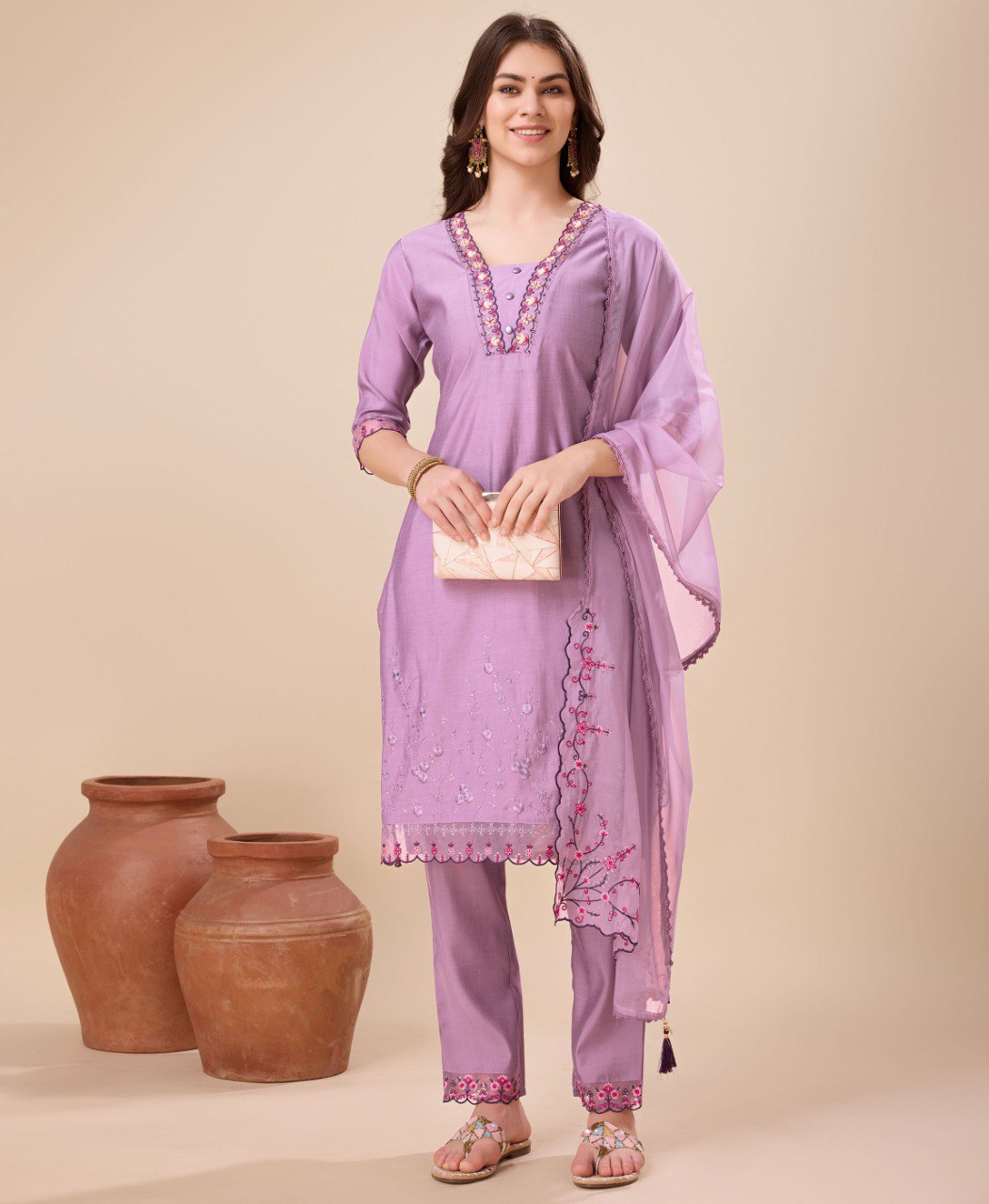 Prazu Fashion Lavender Viscose Silk Embroidered Kurta Set