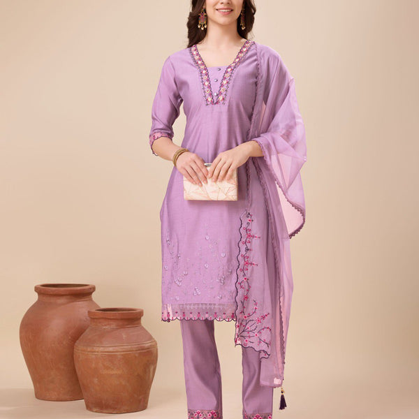 Prazu Fashion Lavender Viscose Silk Embroidered Kurta Set