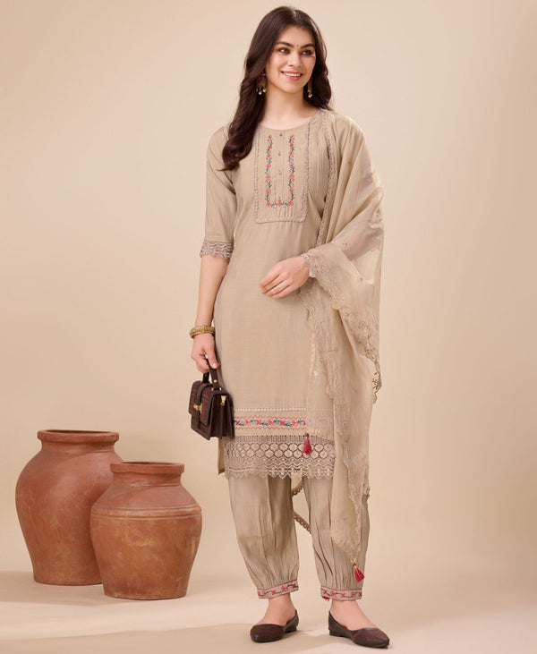 Prazu Fashion Beige Viscose Silk Embroidered Kurta Set With Afghani Salwar