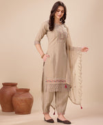 Thumbnail for Prazu Fashion Beige Viscose Silk Embroidered Kurta Set With Afghani Salwar