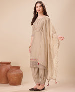 Thumbnail for Prazu Fashion Beige Viscose Silk Embroidered Kurta Set With Afghani Salwar